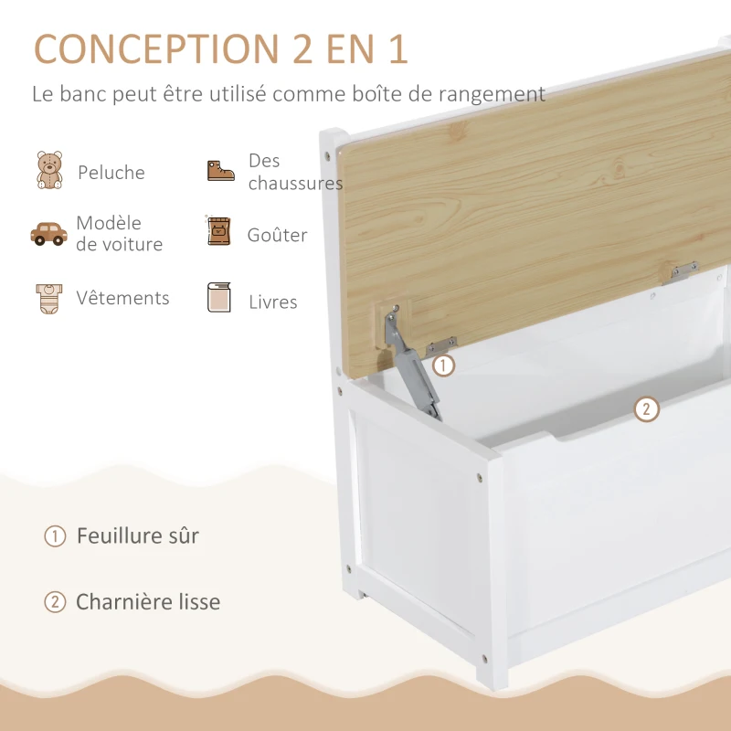 HOMCOM Ensemble de table et chaises enfant - set de 4 pièces - table, 2 chaises, banc coffre 2 en 1 - MDF pin blanc bois clair