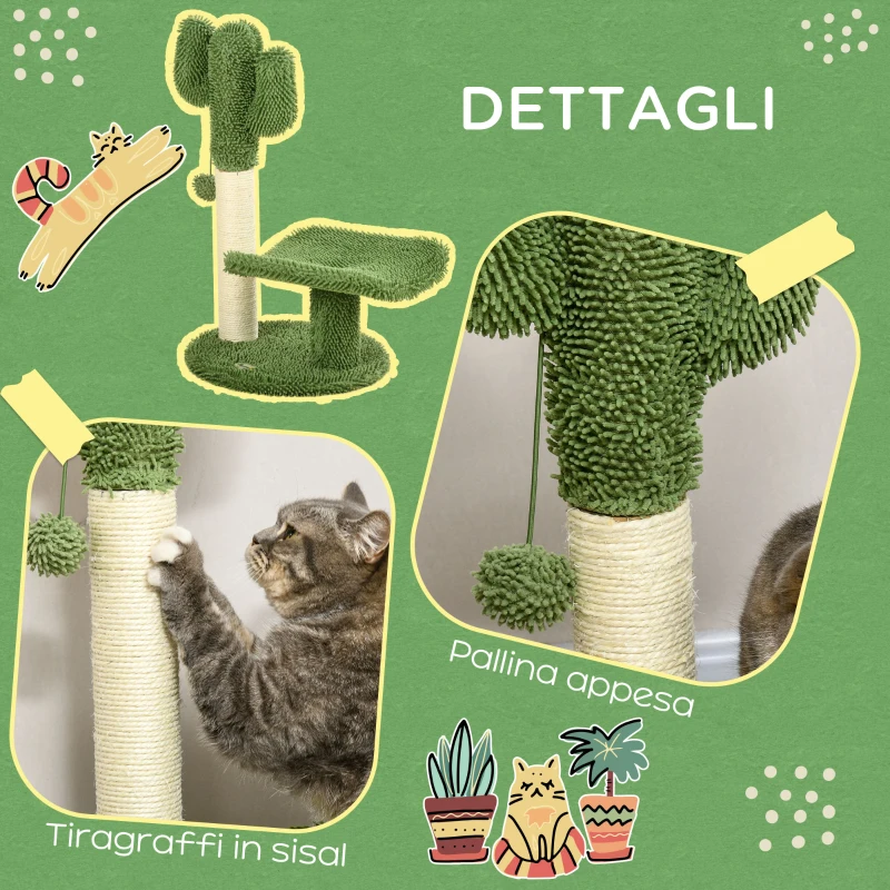 PawHut Albero per Gatti a forma di Cactus con Tiragraffi e Pallina da Gioco, 35x31x55.5 cm, Verde e Bianco