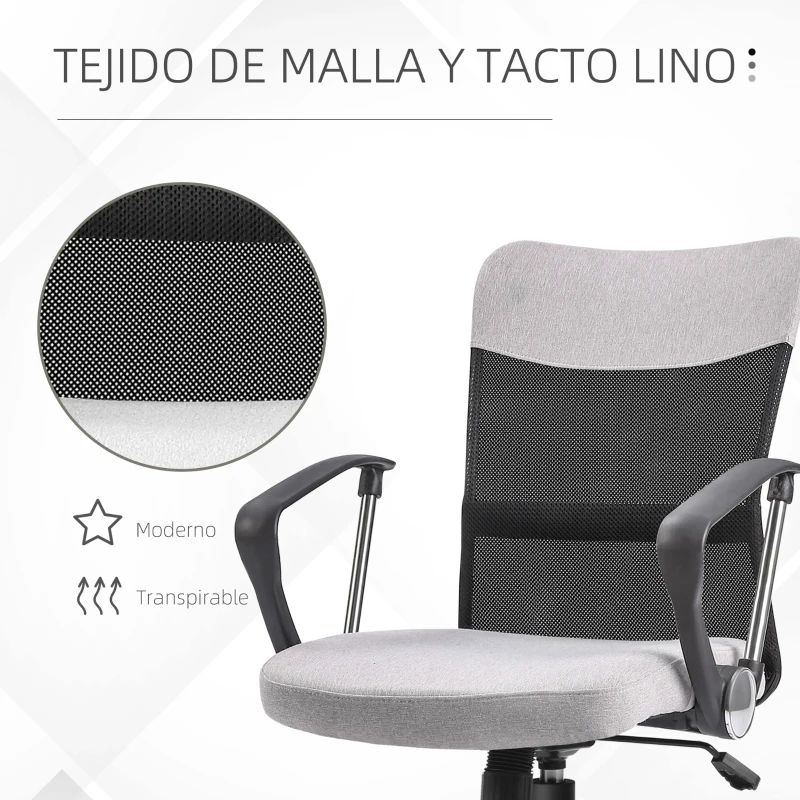 Vinsetto Silla de Oficina Ergonómica Silla de Escritorio Basculante y Giratoria con Altura Ajustable del Asiento Reposabrazos y Ruedas 60x66x91-101 cm Gris