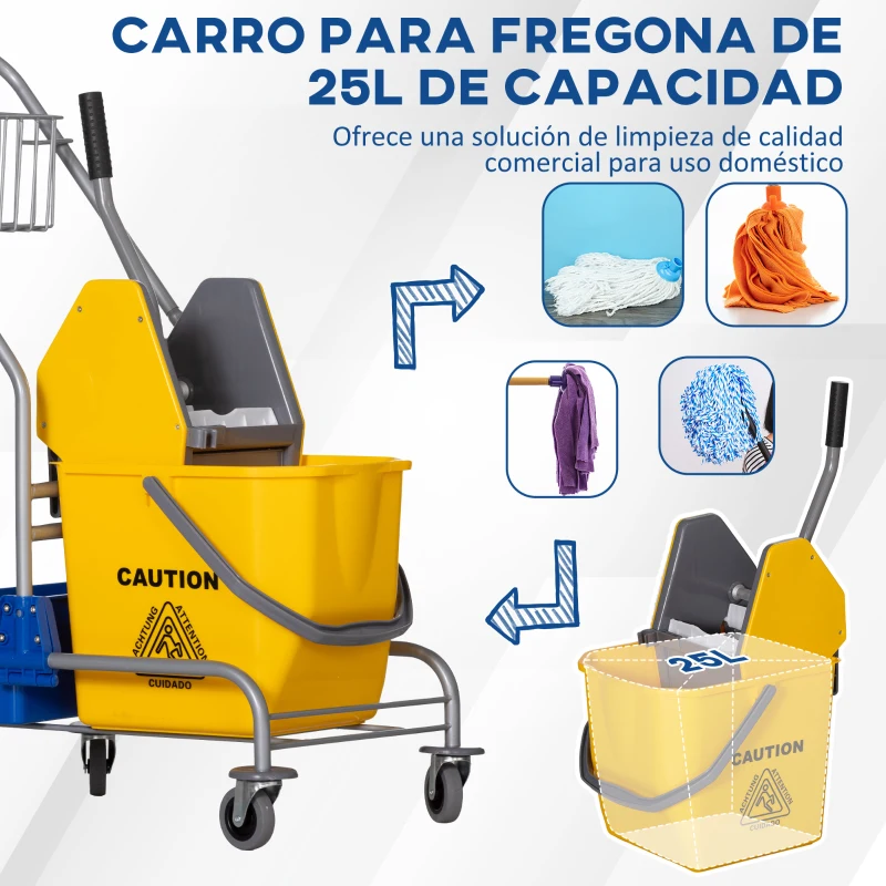 HOMCOM Carro de Limpieza con Cubos de Fregona de 25L Escurridor Cubeta y Estantes para Hotel Oficina 72x49,5x95 cm Amarillo