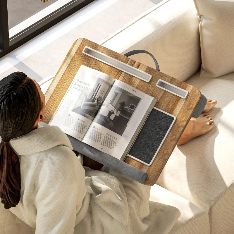 HOMCOM Support ordinateur portable lit avec traversin fente pour tablette ou téléphone tapis de souris repose-poignet poignée