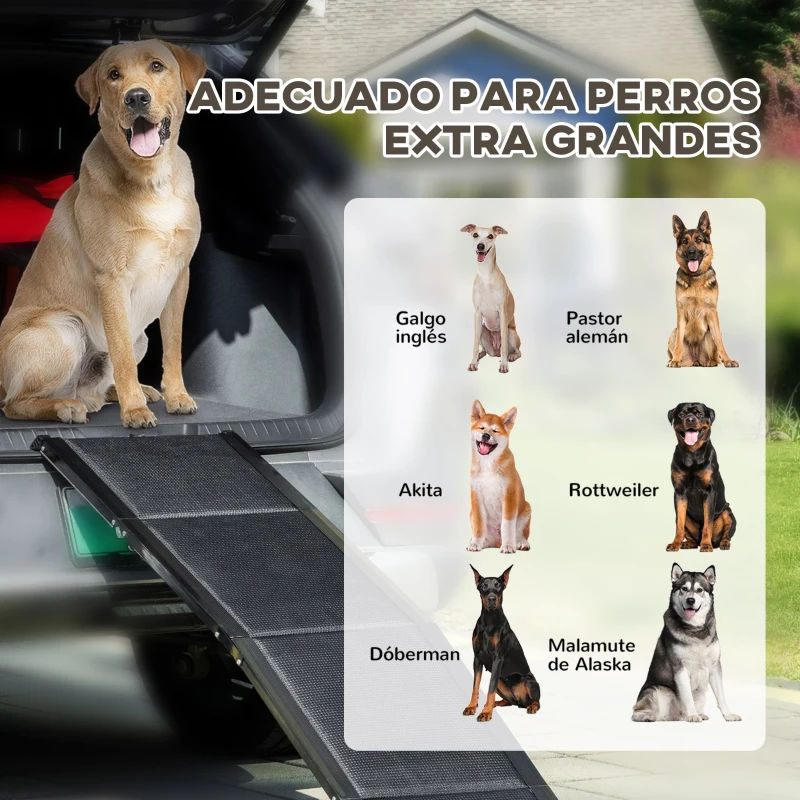 PawHut Rampa Plegable para Perros de Aluminio con Superficie Antideslizante Asa y Gancho Carga 60 kg  158x43,5x2,5 cm Negro