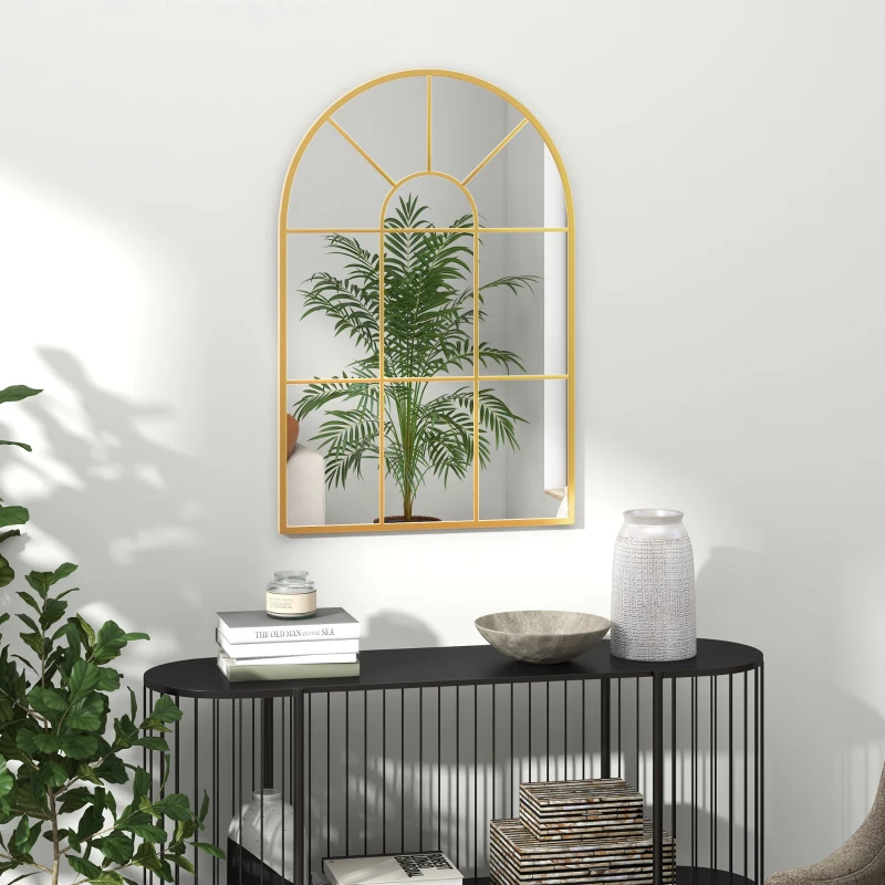 HOMCOM Miroir mural en métal cadre doré en forme de voûtée – 91 x 60 cm – décoration pour entrée ,chambre à coucher, salon
