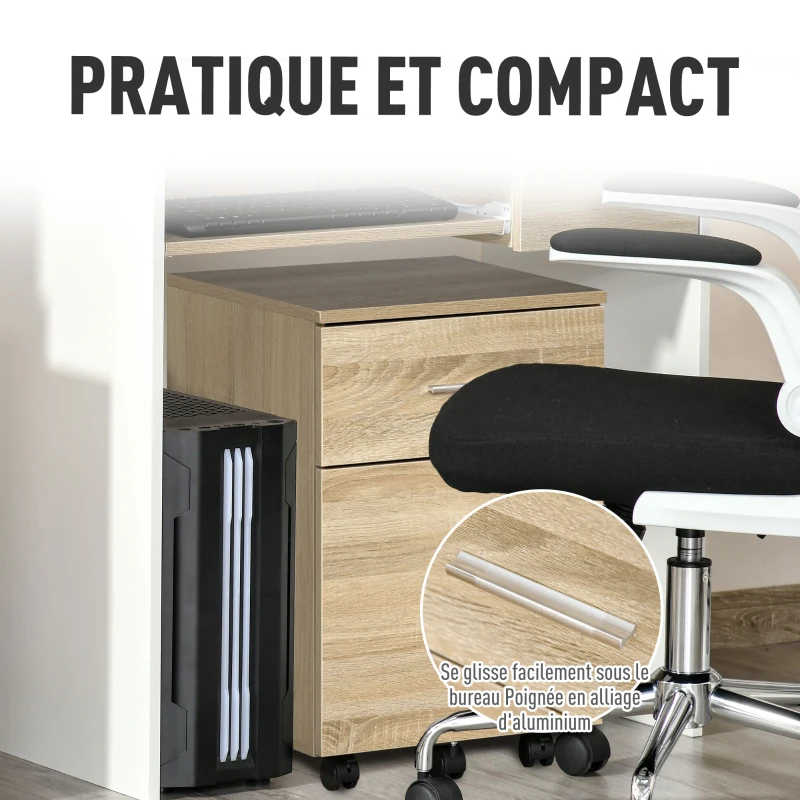 Vinsetto Caisson de bureau caisson de rangement mobile 2 tiroirs 5 roulettes en panneau de particules 39,5 x 39 x 58,5 cm chêne