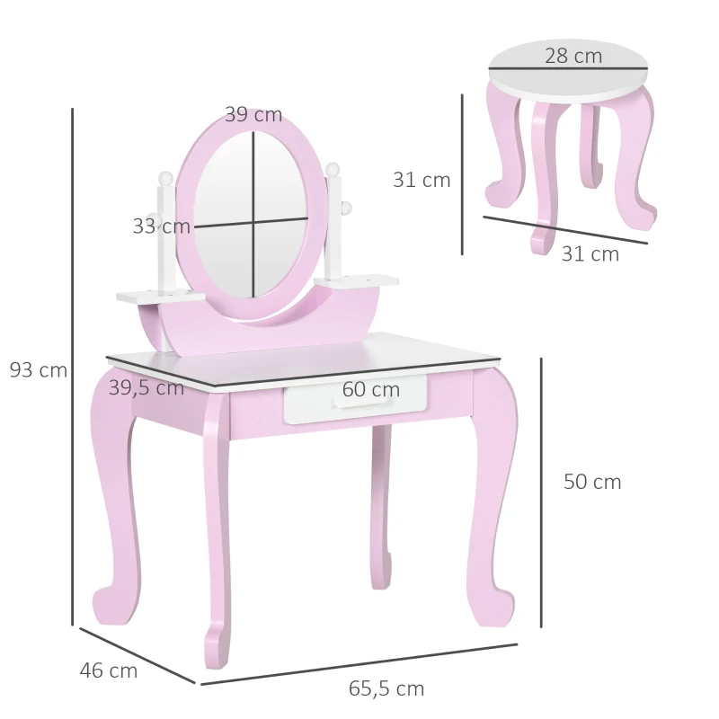 ZONEKIZ Coiffeuse enfant table de maquillage avec tabouret miroir et tiroir 65,5 x 46 x 93 cm bicolore rose et blanc
