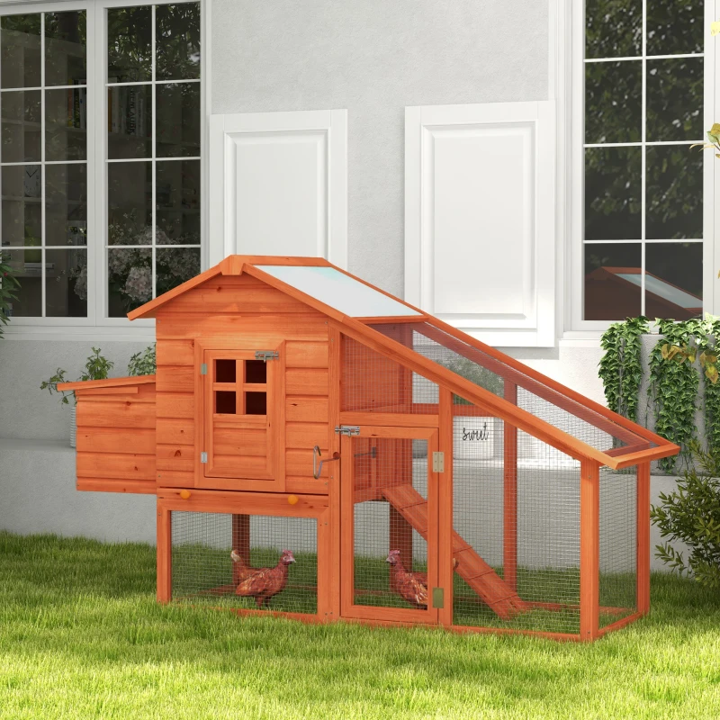 PawHut Wooden Chicken Coop with Run, Nesting Box, Slide-out Tray, Ramp, Perches, Asphalt Roof, 179 x 67 x 115cm