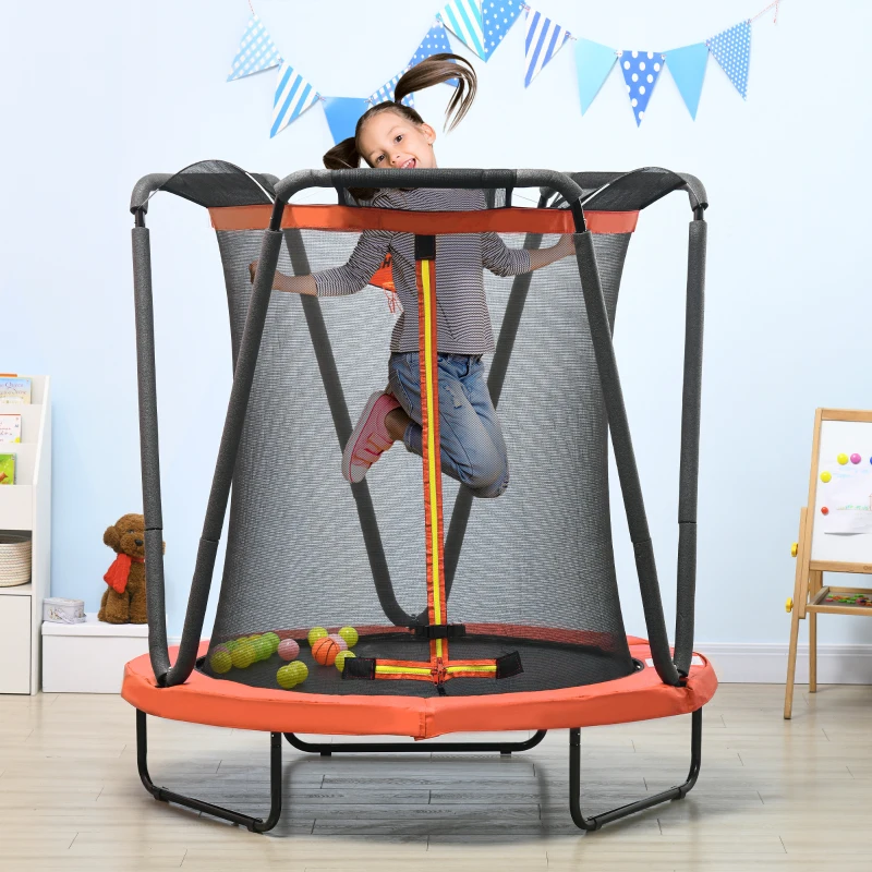 ZONEKIZ Cama Elástica Infantil Ø140 cm con Red de Seguridad Canasta de Baloncesto y 20 Bolas de Plástico Rojo