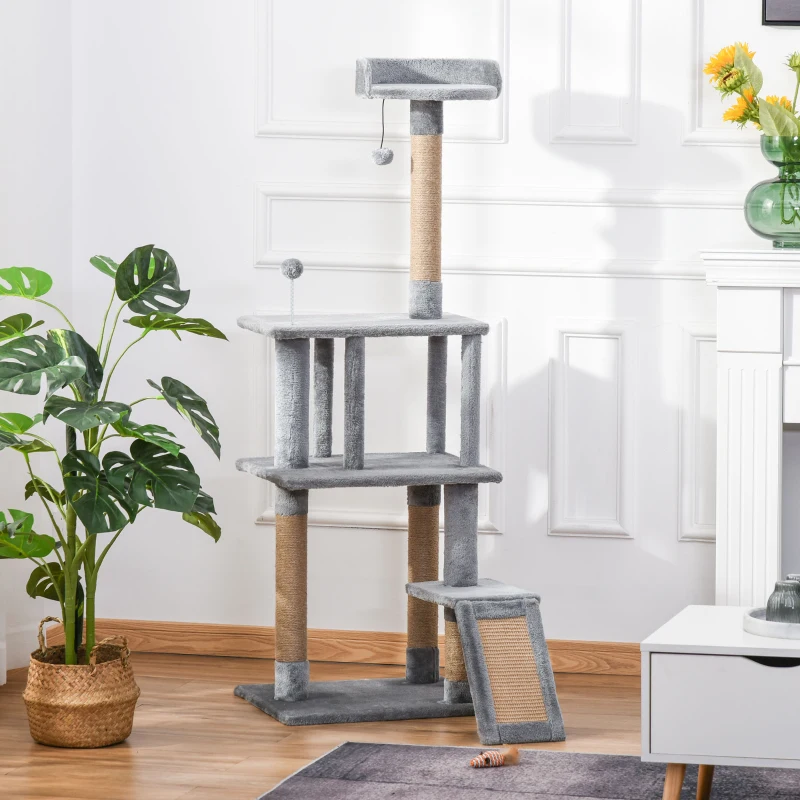 PawHut Cat Tree Tower 142cm Climbing Kitten Activity Center with Jute Scratching Post Board, Removable Felt Hanging Toy, Grey
