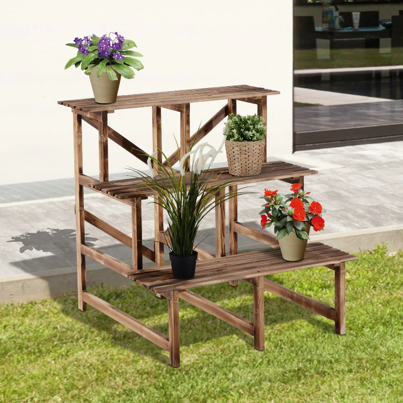 Outsunny Fioriera Portavasi a 3 Gradini in Legno di Abete in Grado di Supportare Fino a 80kg di Carico per Giardini, Terrazzi, Balconi e Appartamenti 80x80x78cm