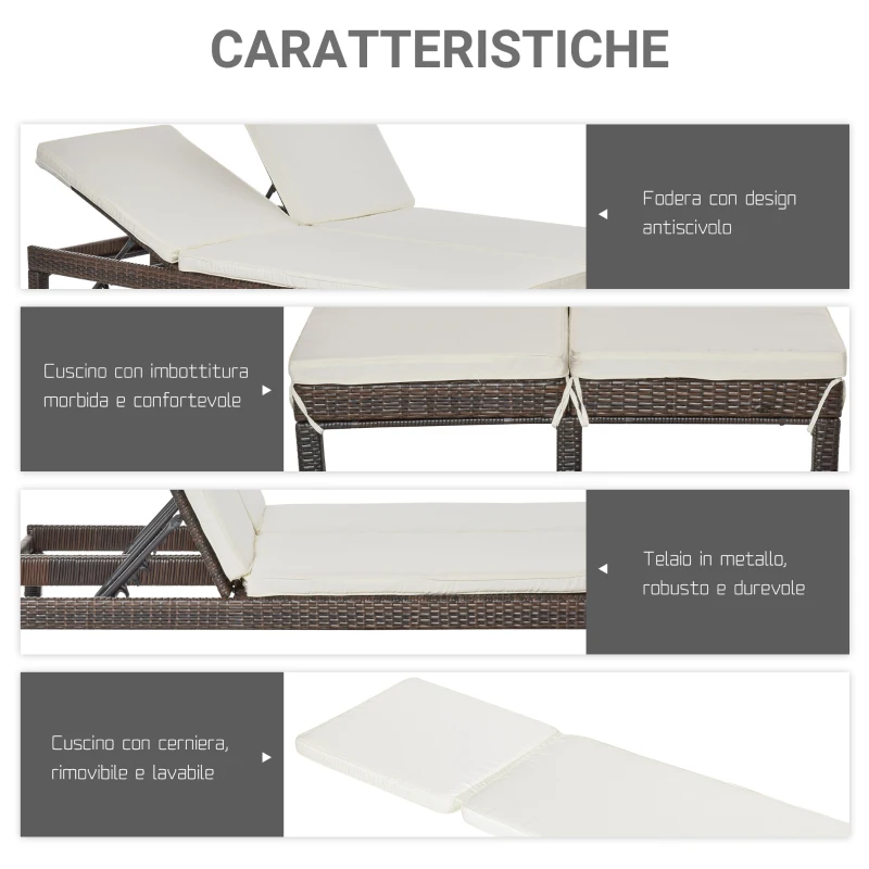 Outsunny Lettino Prendisole a 2 Posti, Sdraio in Acciaio e Rattan, Schienale Regolabile, 196 x 120 x 28cm Marrone e Bianco Crema