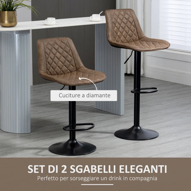 HOMCOM Set 2 Sgabelli da Bar con Altezza Regolabile e Girevoli, Rivestimento in Finta Pelle, Marrone Scuro