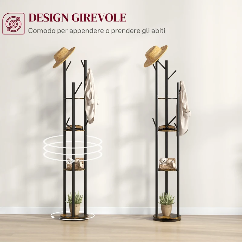 HOMCOM Appendiabiti da Terra Girevole con 8 Ganci e 4 Mensole in Stile Industriale, Ø30x175cm, Marrone