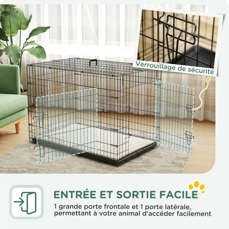 PawHut Cage caisse de transport pliante pour chien poignée, plateau amovible, coussin fourni 105 x 70 x 75 cm noir