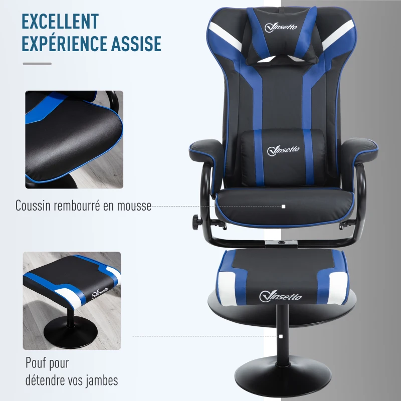 Vinsetto Fauteuil gaming inclinable pivotant avec repose-pieds appui-tête coussin lombaire revêtement synthétique bleu