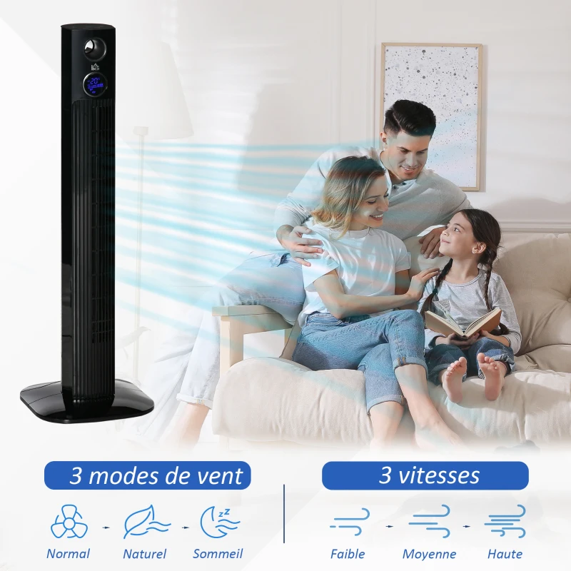 HOMCOM Ventilateur colonne oscillant 70° 3 modes et 3 vitesses minuterie 12h 45 W convient à l'aromathérapie télécommande noir