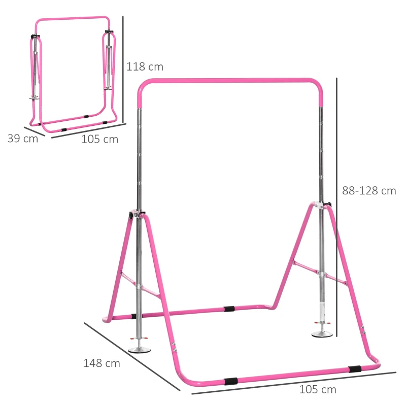 HOMCOM Barre Fixe de Gymnastique pour Enfants Pliante - Hauteur réglable de 88 à 128 cm - avec Base Triangulaire en Acier - Rose
