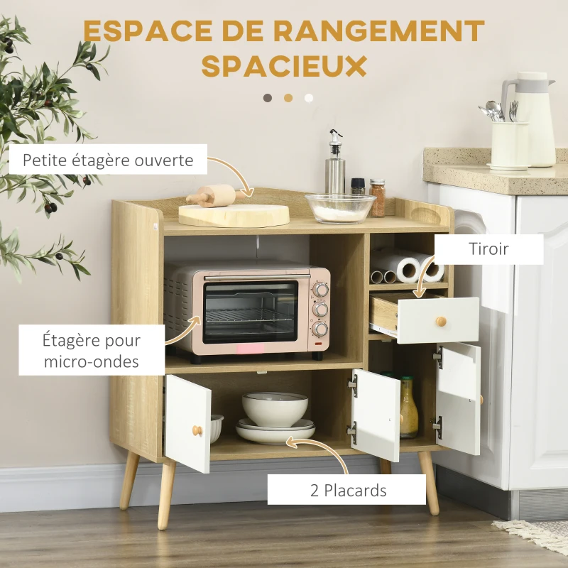 HOMCOM Meuble de rangement buffet de cuisine pour micro-ondes avec placards tiroir 85 x 40 x 88,5 cm naturel et blanc
