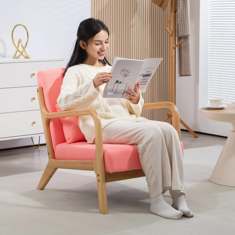 HOMCOM Butaca Nórdica Sillón de Salón Acolchado con Reposabrazos Cojín y Marco de Madera de Caucho 61x78x76 cm Rosa