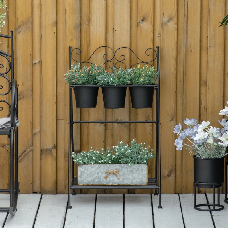 Outsunny Portapiante in Metallo Pieghevole con 3 Vasi e Ripiano Inferiore per Casa e Giardino, 47x37x78.5cm, Nero