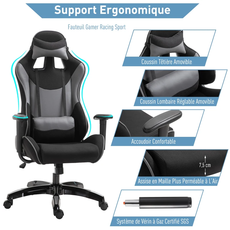 HOMCOM Fauteuil gaming style baquet racing pivotant inclinable avec coussins revêtement synthétique polyester gris noir