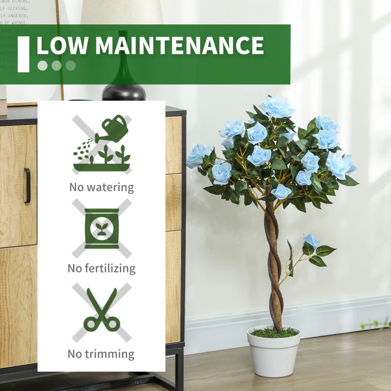 Outsunny Set of 2 Artificial Plants White Rose Floral in Pot, Fake Plants for Home Indoor Decor, 90cm, Light Blue