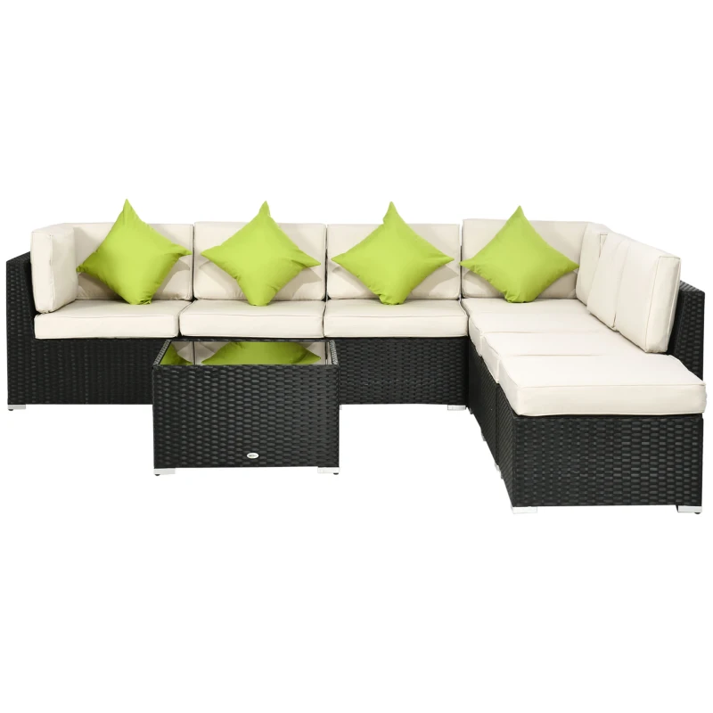 Outsunny 8 Pieces PE Rattan Corner Sofa Set, Outdoor Garden Furniture Set, Patio Wicker Sofa Seater w/ Cushion, Washable Cushion Cover & Tempered Glass Table, Black