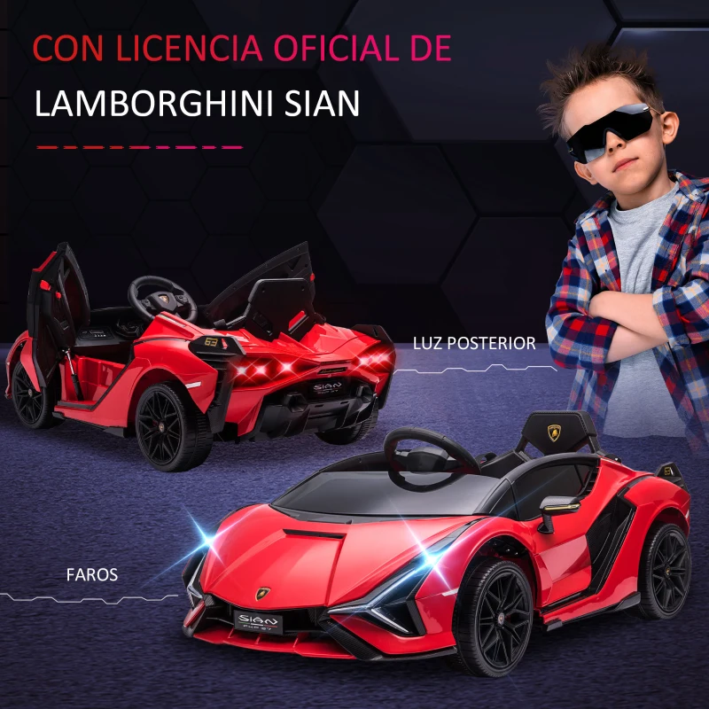 HOMCOM Coche Eléctrico para Niños de +3 Años Lamborghini SIAN Coche de Batería 12V con Mando a Distancia Apertura de Puerta Música MP3 USB y Faros 3-5 km/h 108x62x40 cm Rojo(m-6)