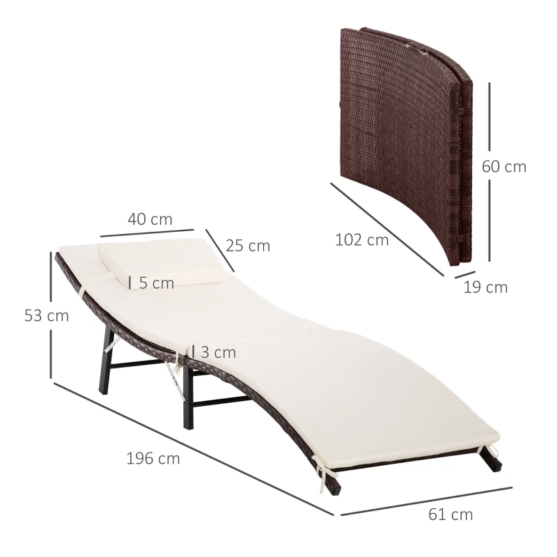 Outsunny Sdraio Lettino da Giardino Ergonomica con Cuscino Rimovibile Pieghevole Rattan 196x61x53cm Bianco
