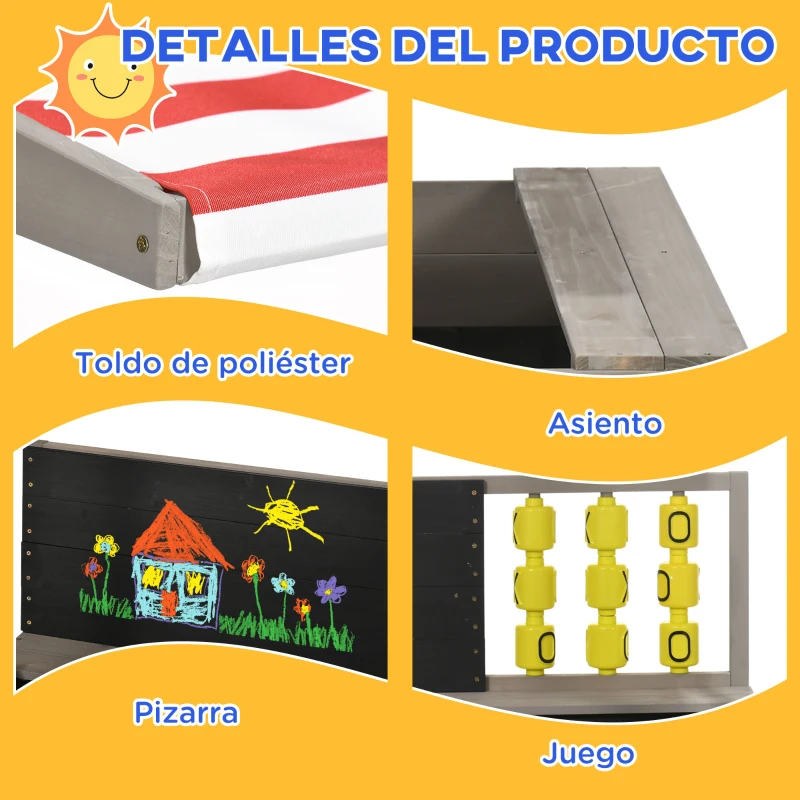 Outsunny Arenero de Madera para Niños con Toldo Ajustable Pizarra y 3 en Raya para Patio Jardín 114x113x110 cm Madera
