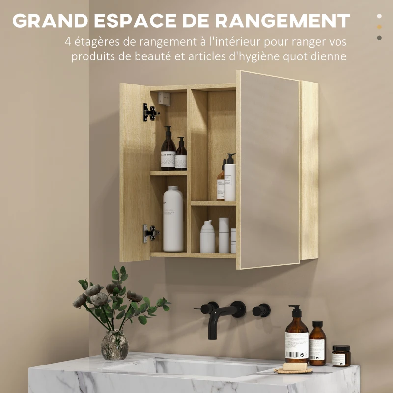 kleankin Armoire murale salle de bain avec miroir étagères et 2 portes kit installation murale fourni 60 x 15 x 60 cm naturel