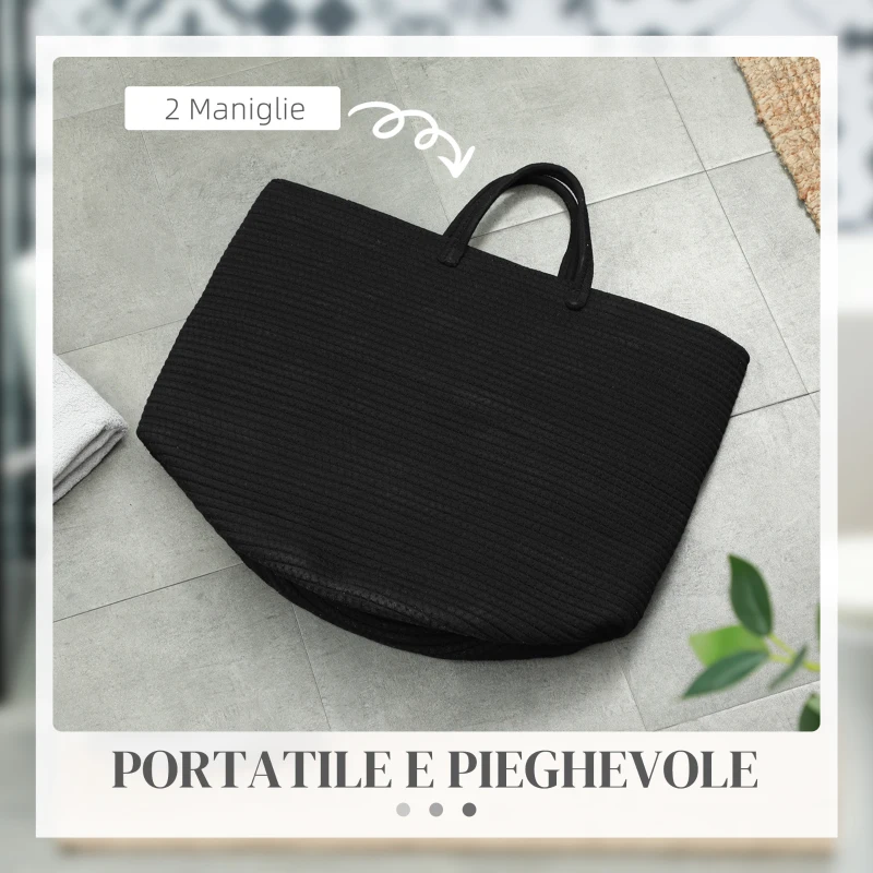 HOMCOM Cesto Portabiancheria da 36L Portatile e Pieghevole con Manici in Cotone Naturale, Ø38x45 cm, Nero