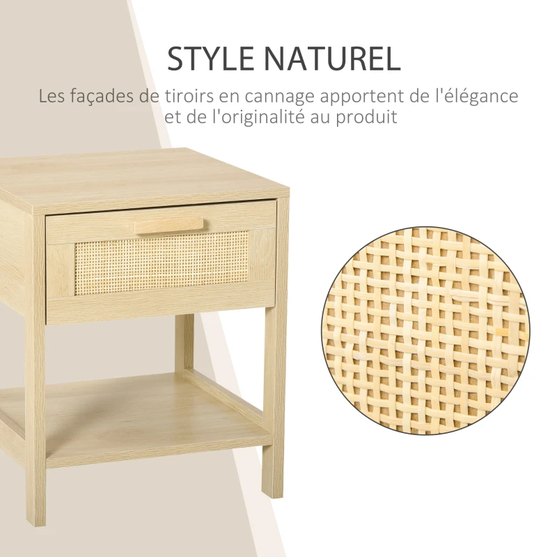HOMCOM Table de chevet table de nuit avec tiroir et étagère, cannage en rotin, dim. 40L x 40l x 48H cm aspect bois naturel clair