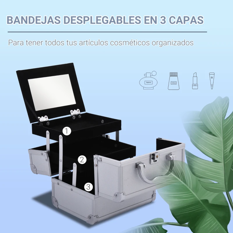 HOMCOM Maletín Maquillaje Profesional Estuche de Cosmético Portátil con Bandejas de 3 Niveles y Espejo 2 Llaves para Joyero Manicura Viaje 20x15x15 cm Plateado