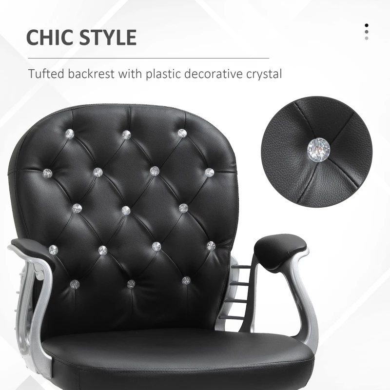 HOMCOM Fauteuil de bureau chaise de bureau ergonomique réglable roulettes pivotantes boutons strass revêtement synthétique PU 59,5L x 60,5l x 95-105H cm noir