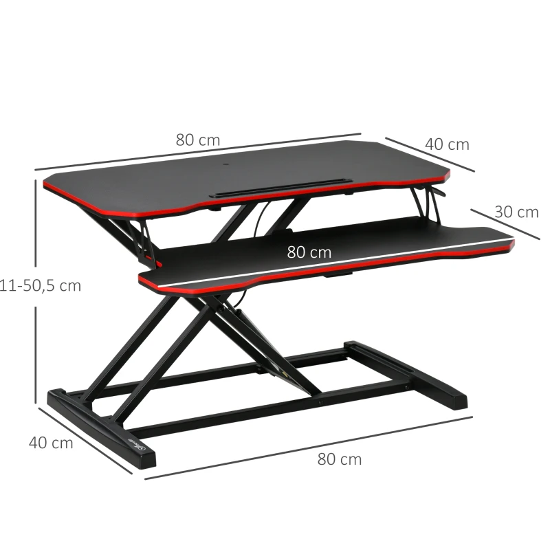 Vinestto Convertisseur bureau assis debout poste de travail réglable en hauteur - support ordinateur avec plateau clavier - acier MDF noir rouge
