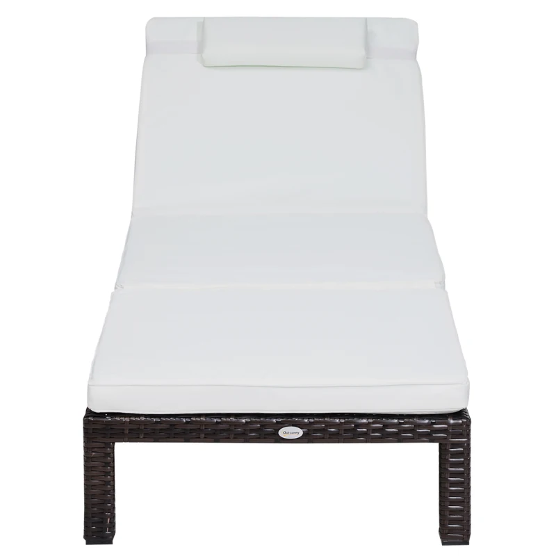 Outsunny Rattan Sun Lounger, 5-Level Adjustable Garden Lounger Recliner with Cushion and Headrest, Outdoor Reclining Sunbed, Steel Frame Garden Chair for Patio, Beach, Terrace, Cream White