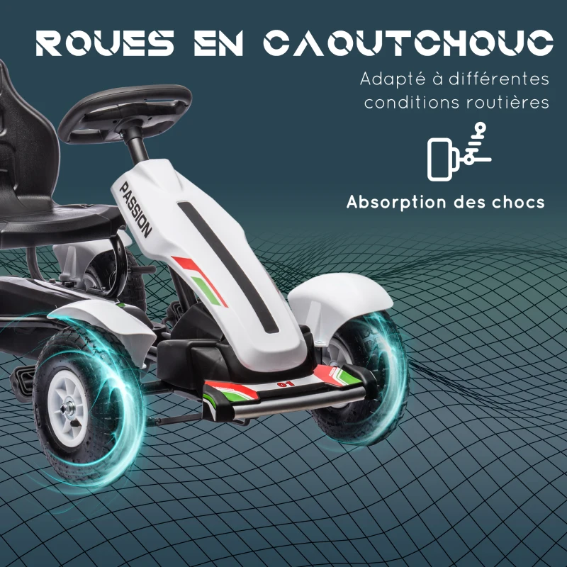HOMCOM Kart à pédales pour enfant siège réglable 3 positions frein à main enfant de 5 à 12 ans blanc noir(m-6)