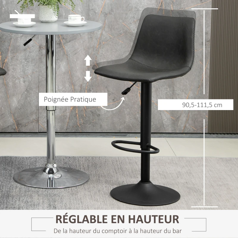 HOMCOM Lot de 2 tabourets de bar style vintage réglable pivotant avec repose-pieds revêtement synthétique - noir - hauteur réglable 90-110 cm