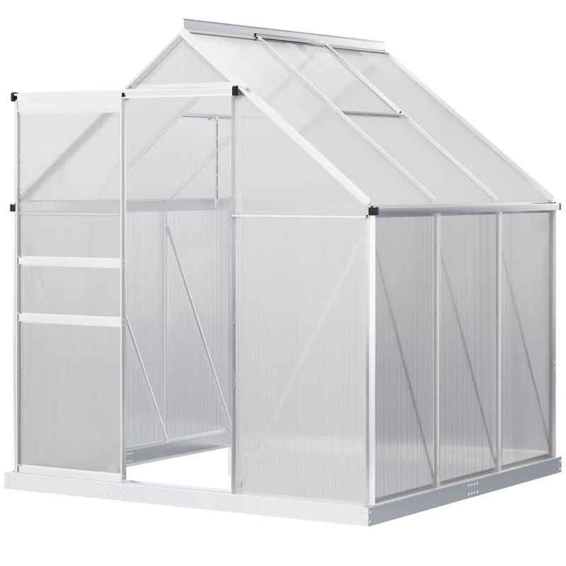 Outsunny Serre de Jardin en Polycarbonate 3,6 m² dim. 1,9L x 1,9l x 2H m avec Fondation, Lucarne réglable, Porte coulissante - Argent et Transparent