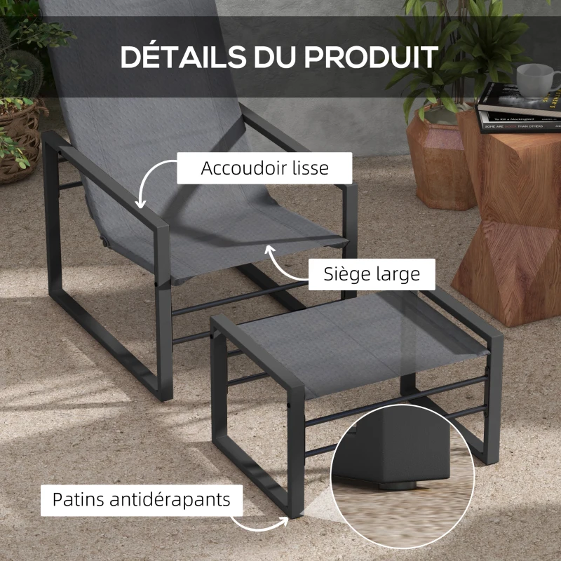 Outsunny Ensemble fauteuil relax de jardin avec repose-pieds, chaise longue, structure métal et tissu mesh aéré - gris