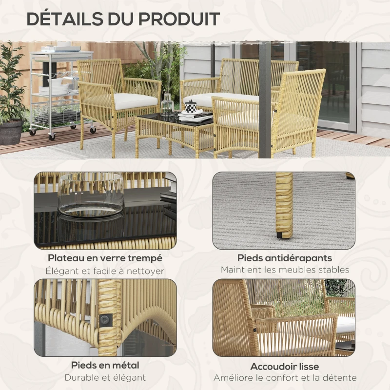 Outsunny Ensemble salon de jardin 4 pièces canapé 2 places 2 fauteuils 1 table basse plateau verre trempé
