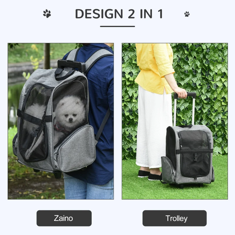 PawHut Trasportino Zaino  2 in 1 per Cani e Gatti con Tasche Laterali, Maniglia Telescopica e Ruote, 42x25x55cm, Grigio