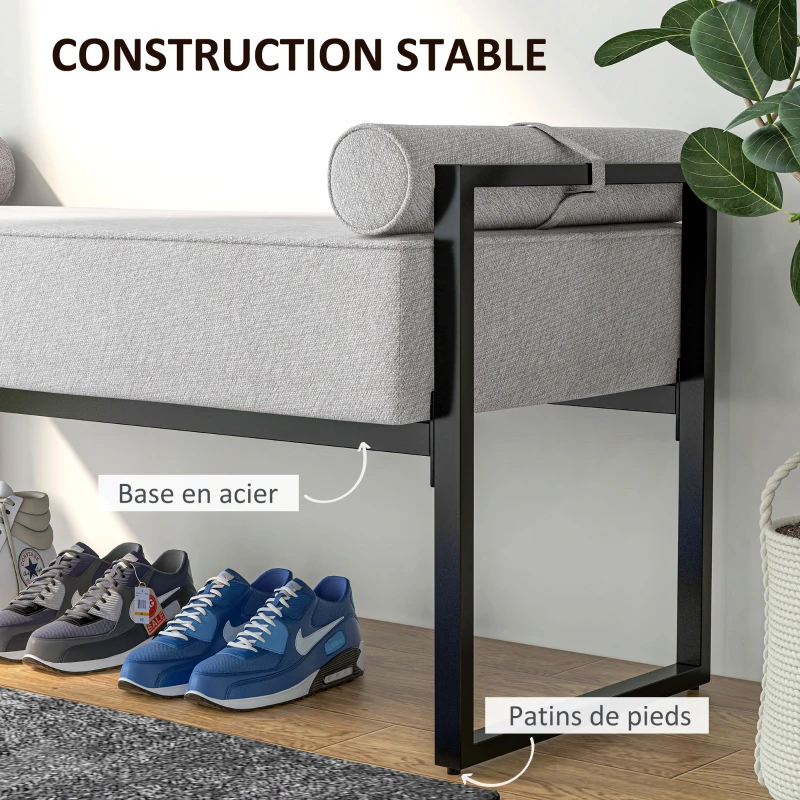 HOMCOM Banc bout de lit banquette assise rembourrée 2 oreillers cylindriques structure en acier 121,5 x 50,5 x 59 cm gris noir