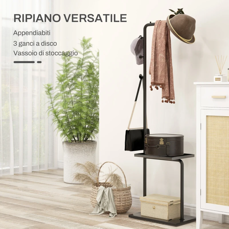HOMCOM Appendiabiti da Terra a C con 3 Ganci, Barra e Vassoio Inferiore, Base in Pietra e Piedini Antiscivolo, Nero