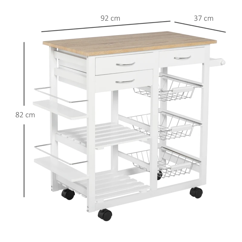 HOMCOM Carrello da Cucina con Ruote, Mobile da Cucina Salvaspazio in Legno Massiccio: 3 Cassetti, 3 Cestelli, 2 Portaspezie, 2 Ripiani, 92x37x82 cm