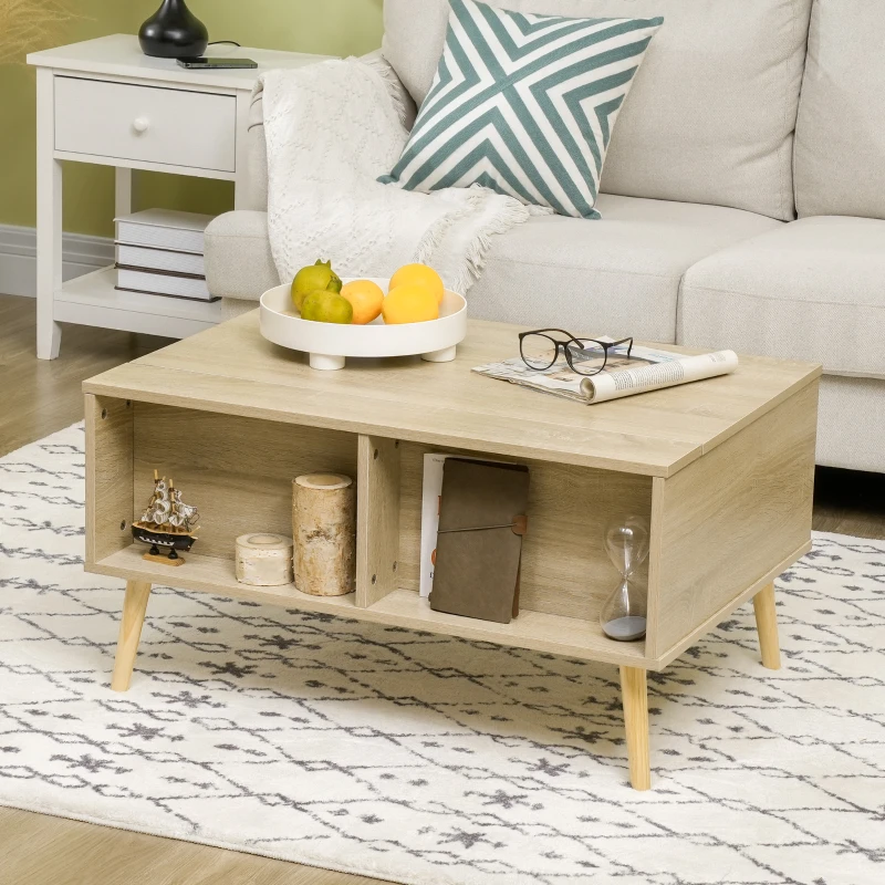 HOMCOM Table basse rectangulaire table de salon plateau relevable 2 niches coffre en bois dim. 85L x 60l x 59,5H cm bois clair