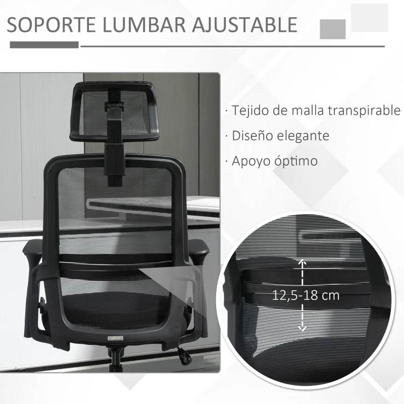 Vinsetto Silla de Oficina Ergonómica Silla de Malla con Altura Ajustable Reposacabezas Soporte Lumbar Regulables y Respaldo Transpirable 63,5x64,5x113-122 cm Negro