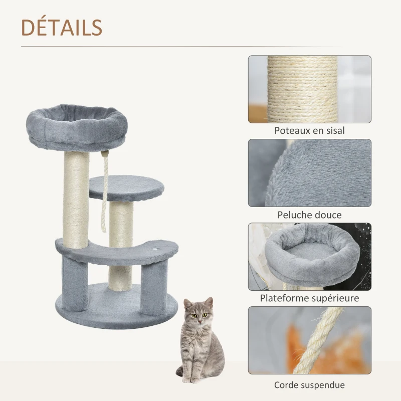PawHut Arbre à chats 2 griffoirs grattoirs sisal naturel 3 plateformes corde à grimper dim. Ø 40 x 65H cm peluche haute densité 500 g/m² gris