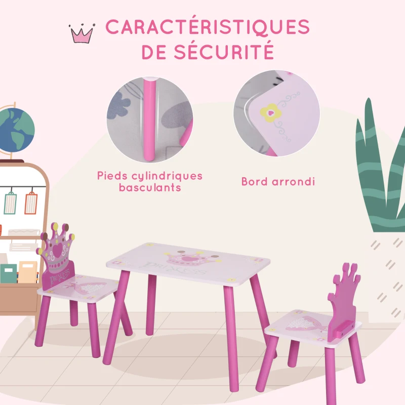 HOMCOM Lit Enfant et Ensemble table et chaises enfant - Design Princesse Motif Couronne - sommier à Lattes Inclus - Rose