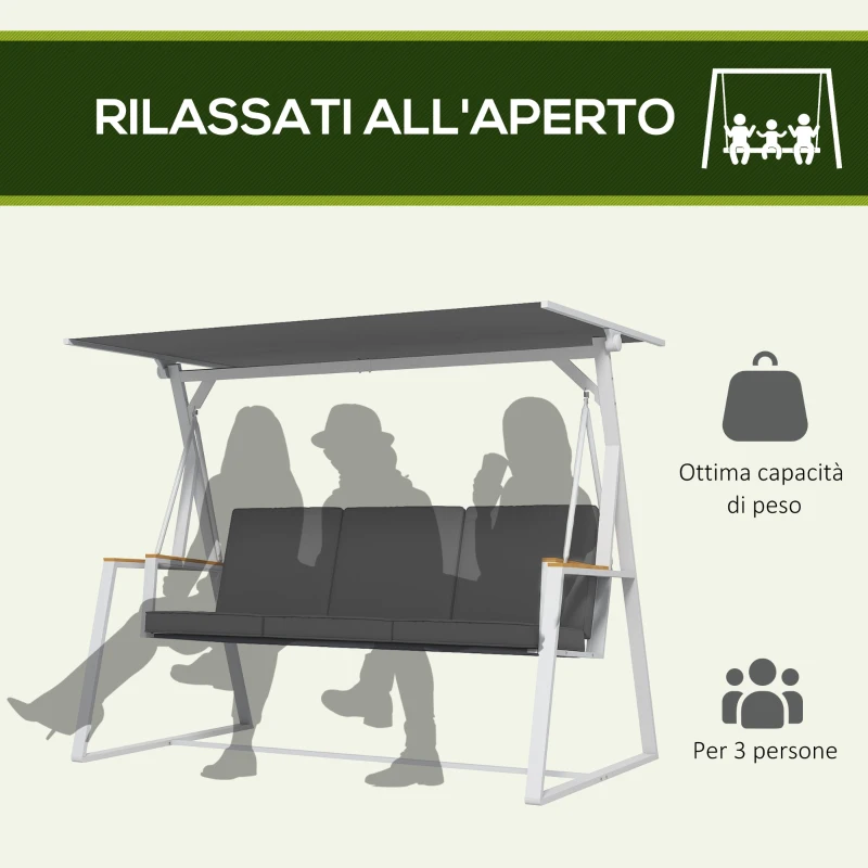 Outsunny Dondolo da Giardino 3 Posti con Tettuccio Inclinabile, in Acciaio, 205x130x175 cm, Grigio Scuro